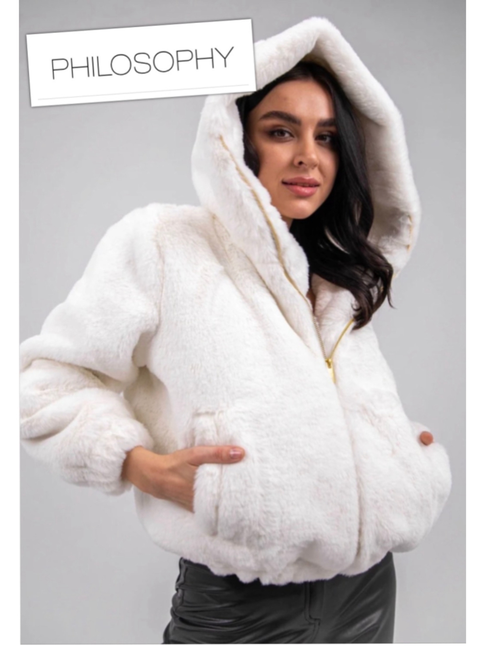 Philosophy Luxurious White Faux Fur Crop Fit Hoodie Bomber Jacket size Small